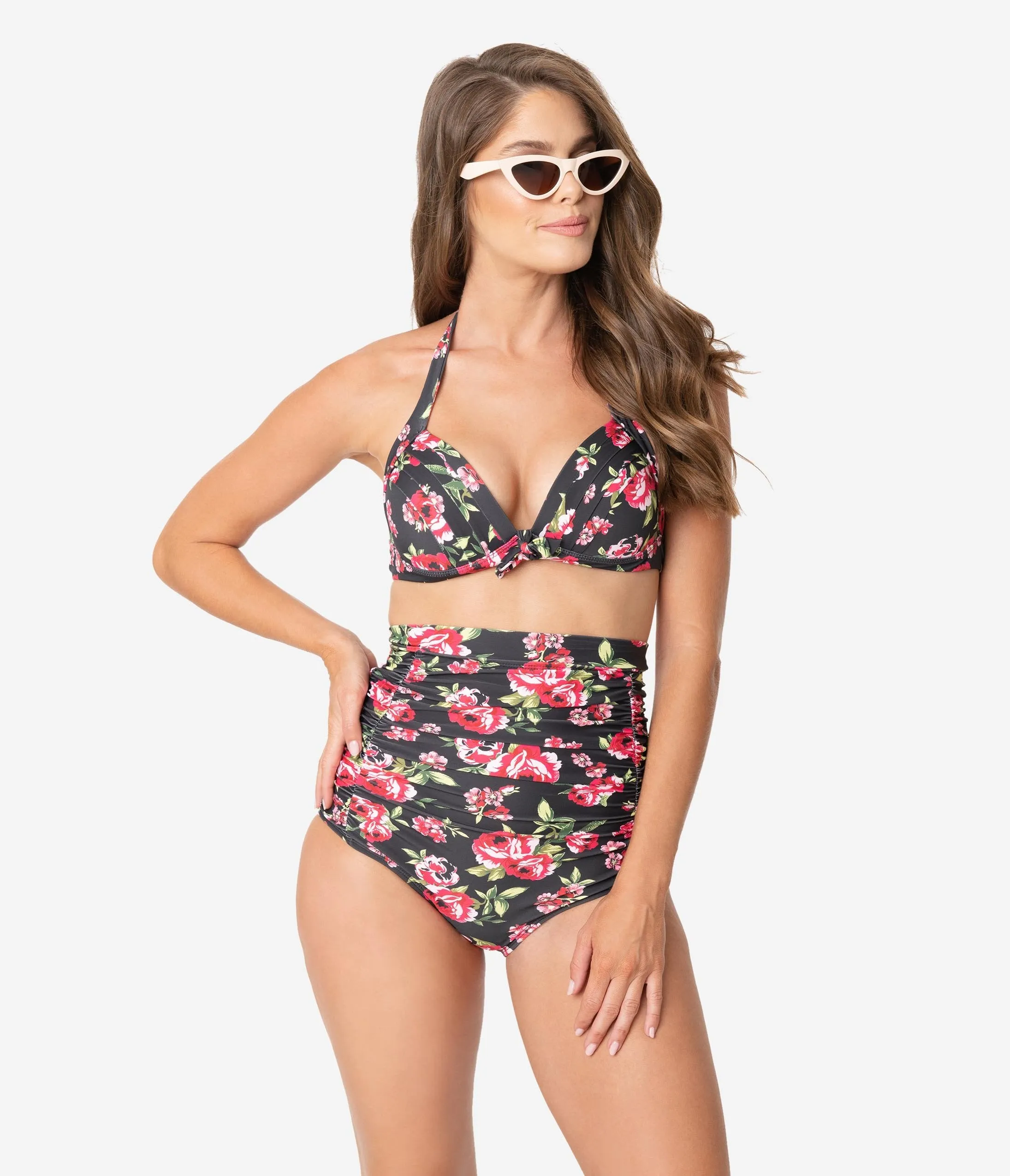 Unique Vintage Black & Red Floral Print Monroe Halter Swim Top