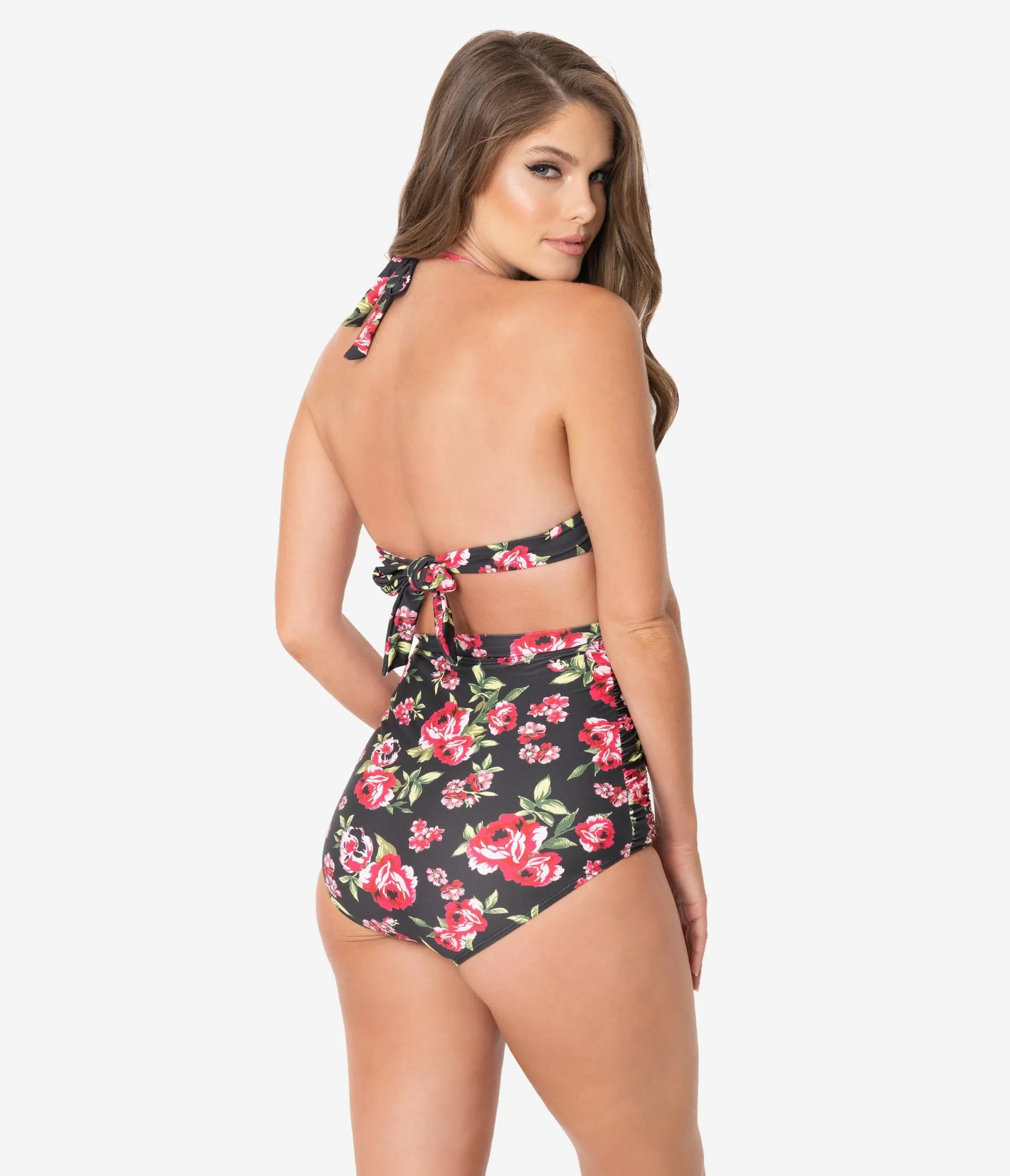 Unique Vintage Black & Red Floral Print Monroe Halter Swim Top