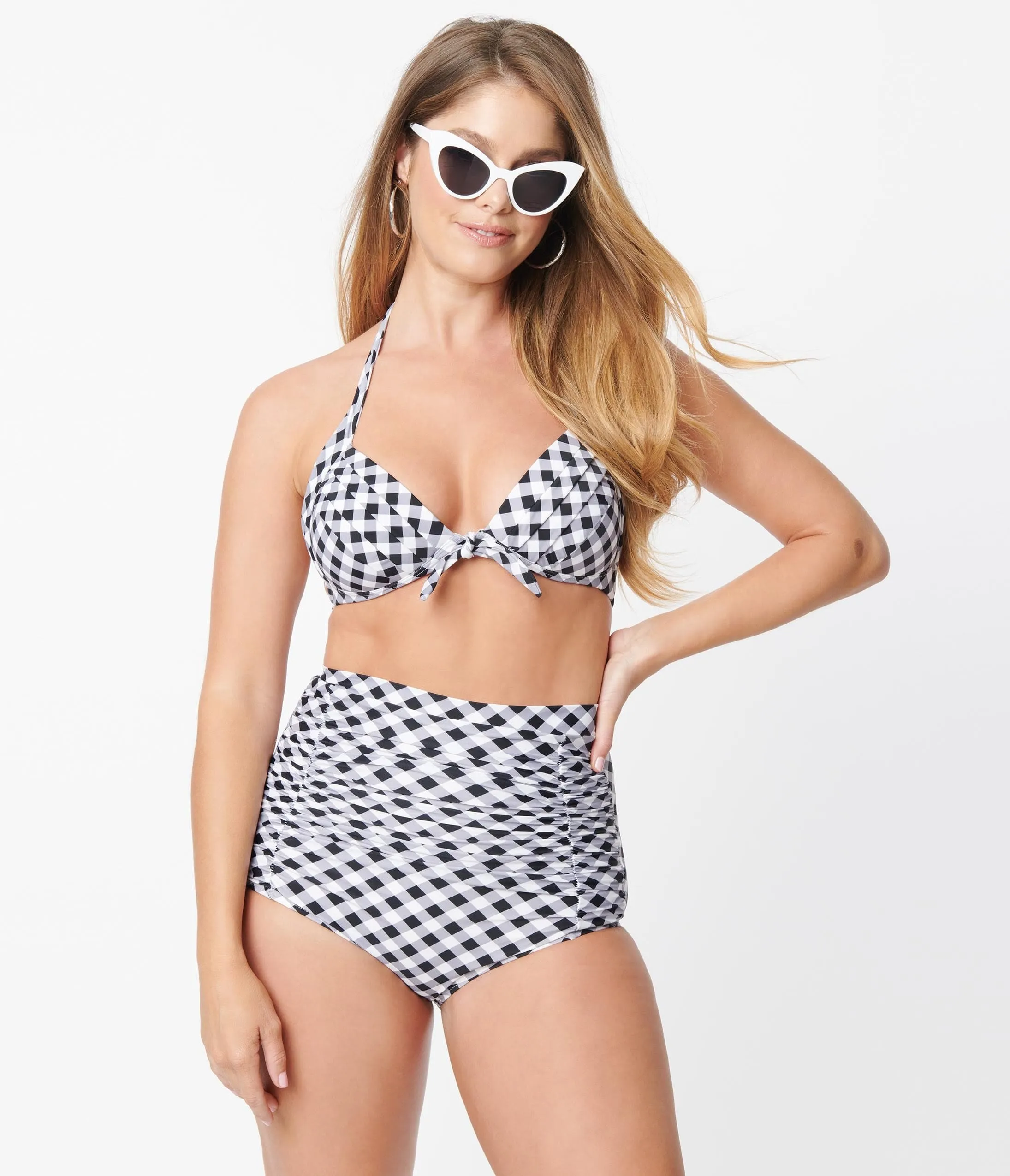 Unique Vintage Black & White Gingham Monroe Halter Swim Top