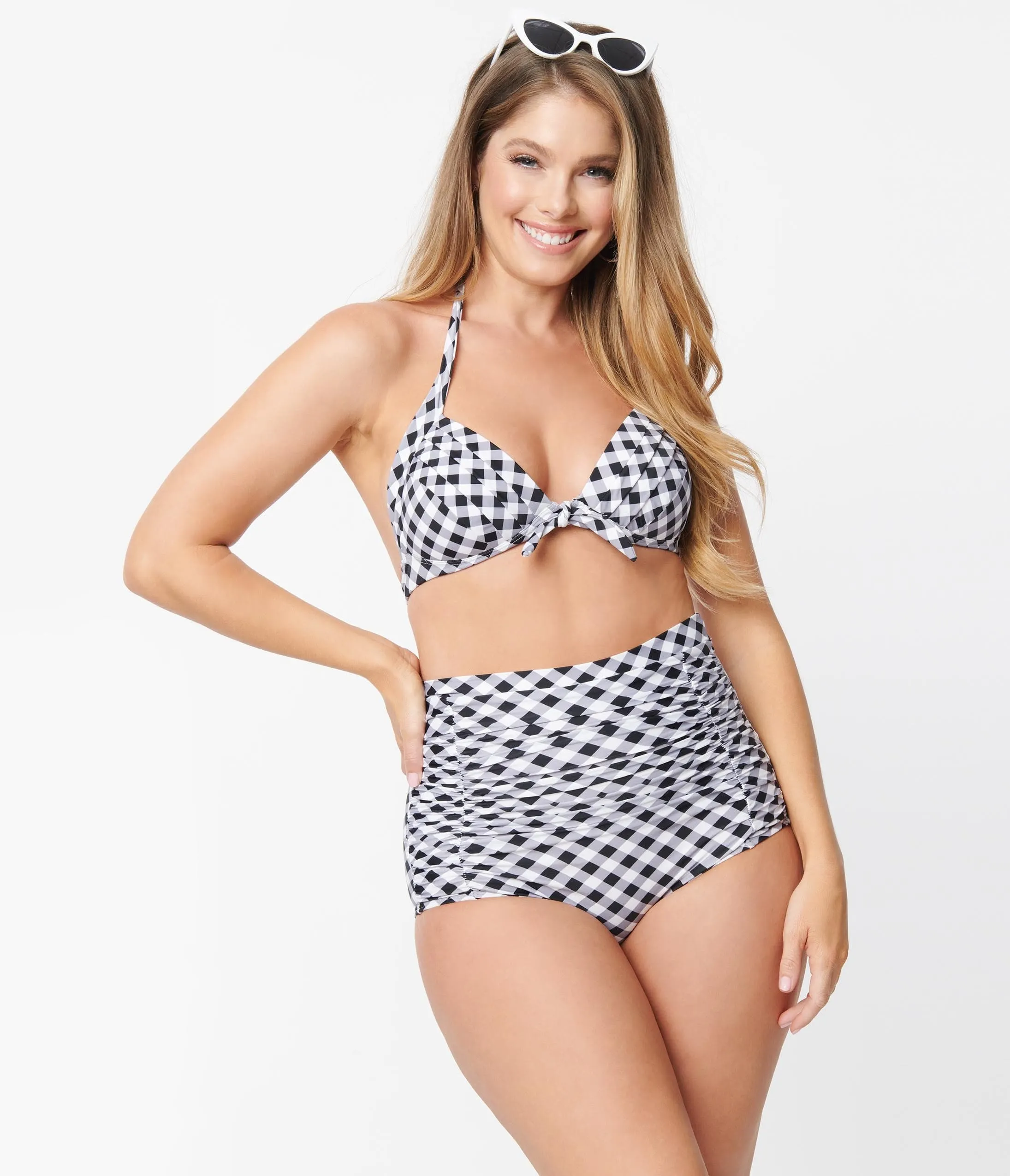 Unique Vintage Black & White Gingham Monroe Halter Swim Top