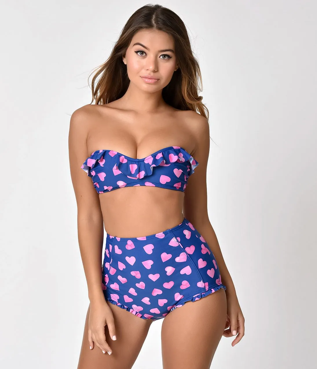 Unique Vintage Mrs. Davis Navy & Pink Hearts Halter Swim Top