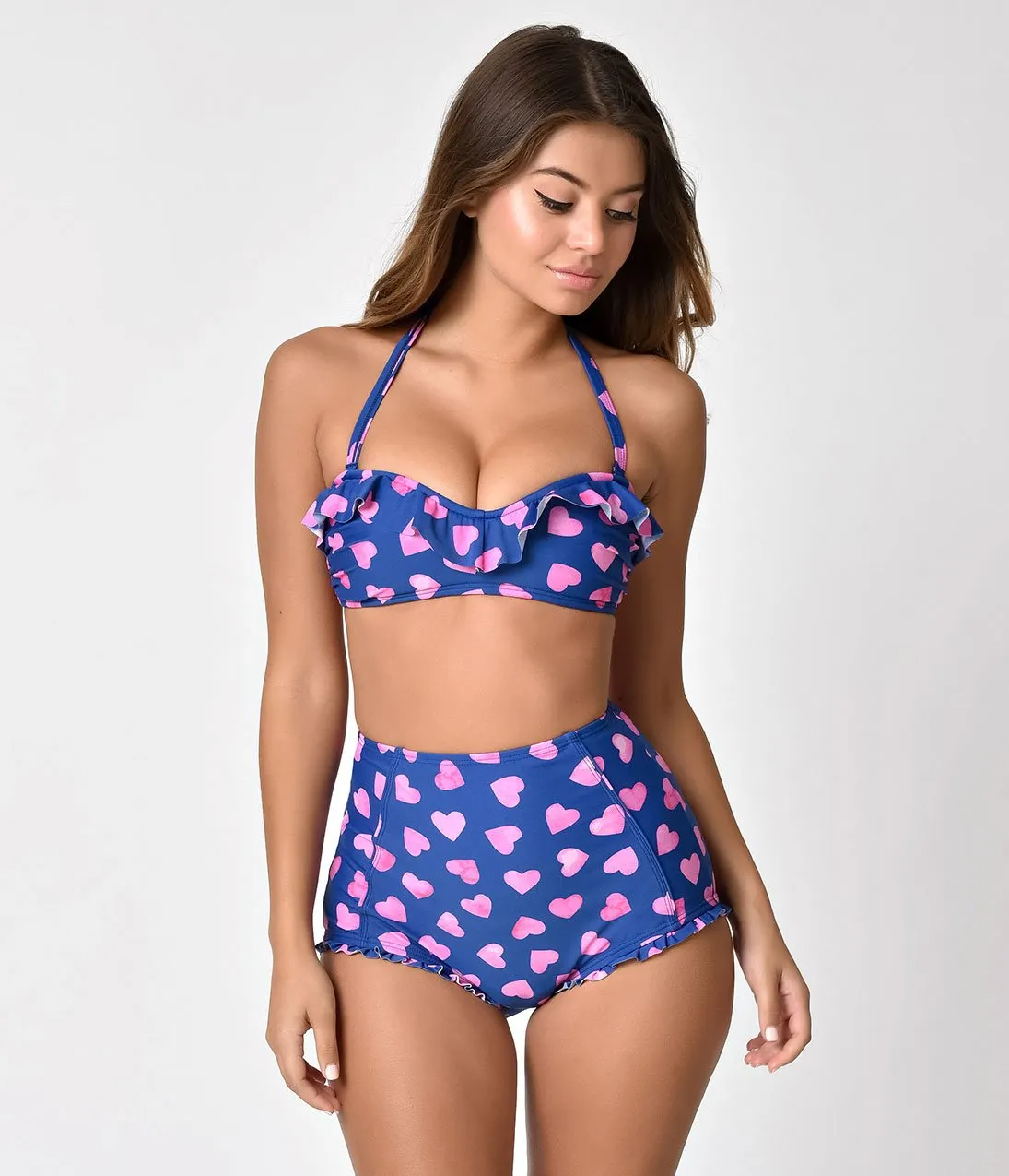 Unique Vintage Mrs. Davis Navy & Pink Hearts Halter Swim Top