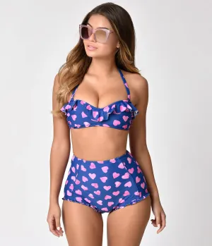 Unique Vintage Mrs. Davis Navy & Pink Hearts Halter Swim Top