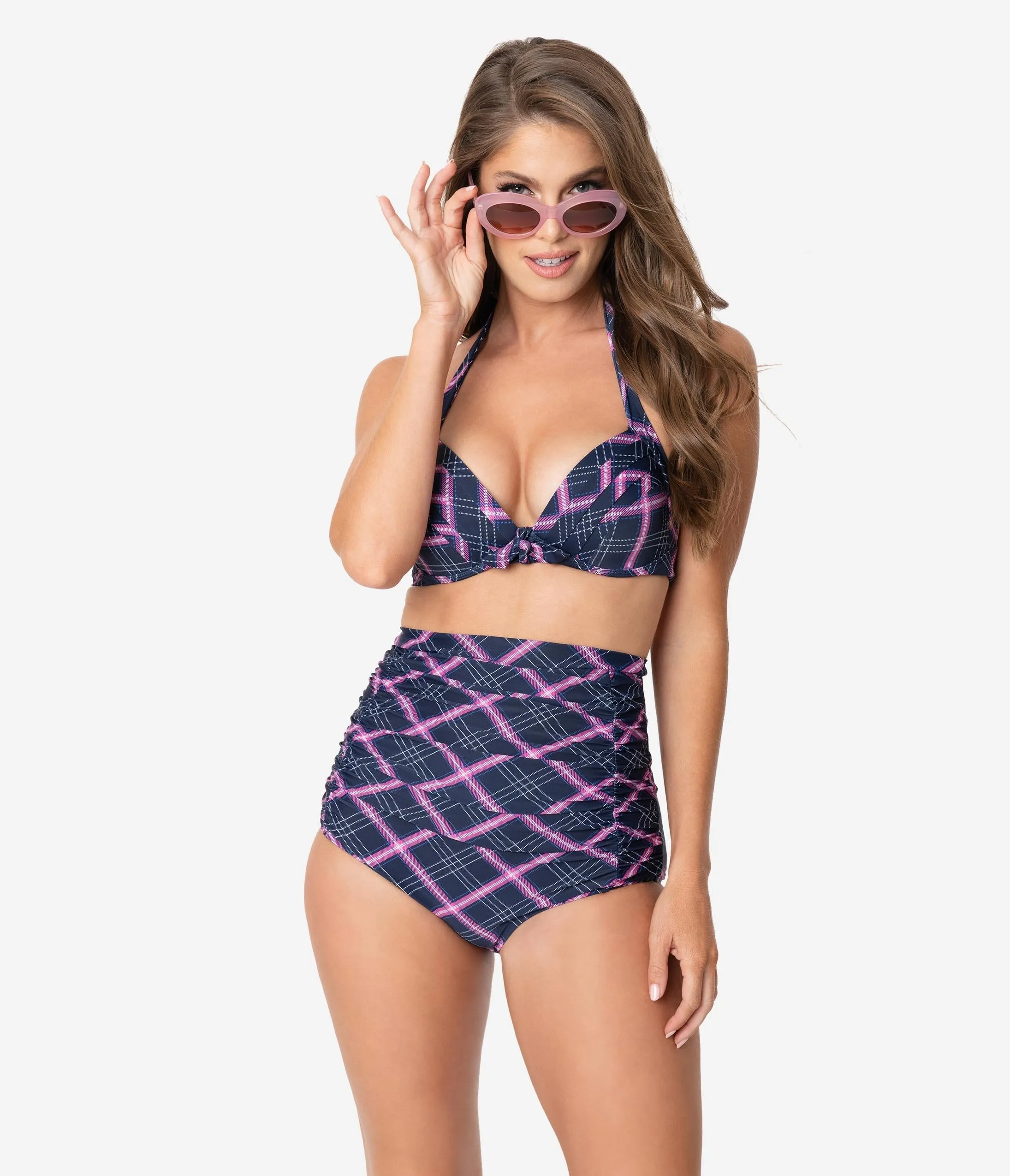 Unique Vintage Navy & Pink Plaid Print Monroe Halter Swim Top