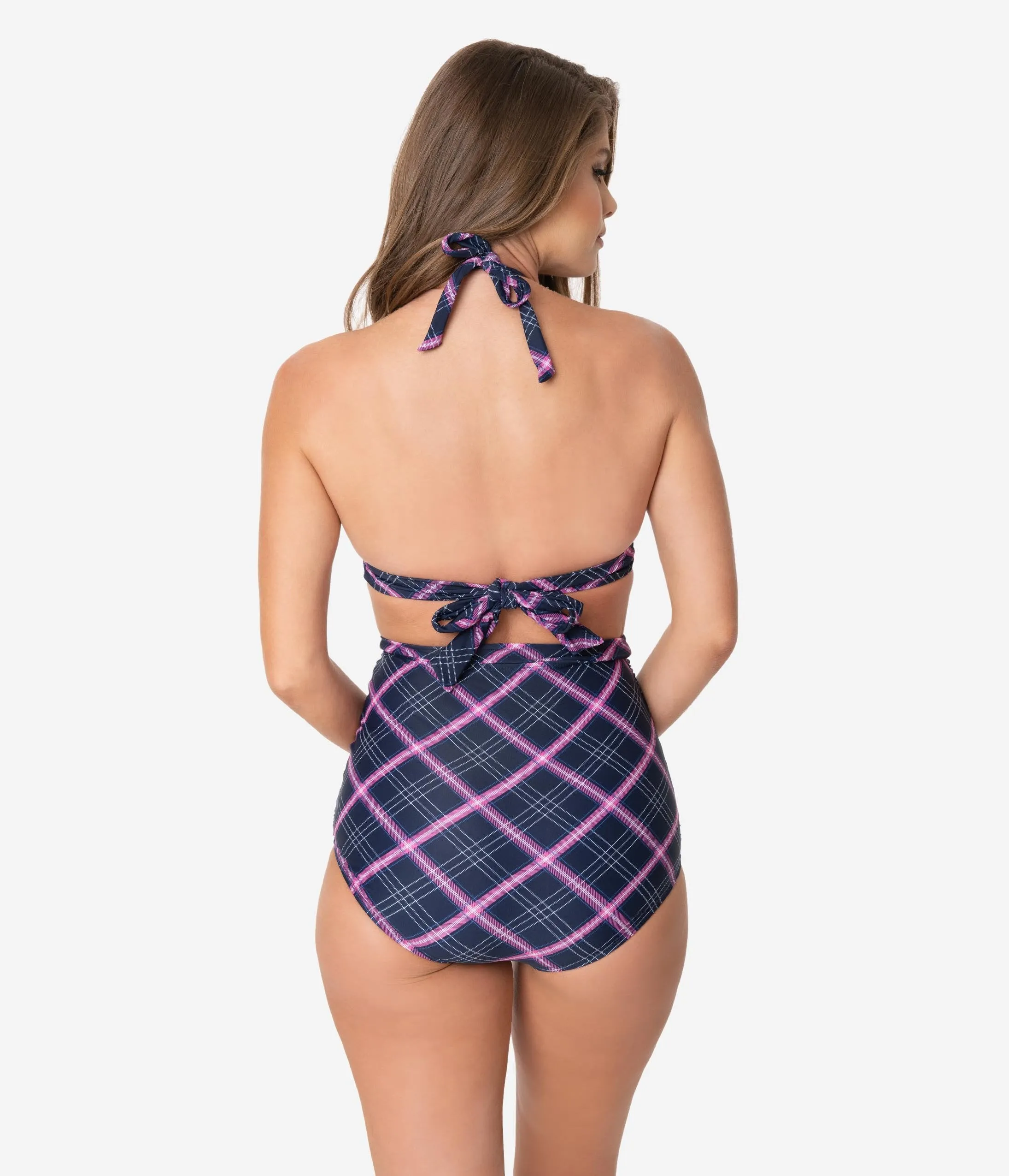 Unique Vintage Navy & Pink Plaid Print Monroe Halter Swim Top