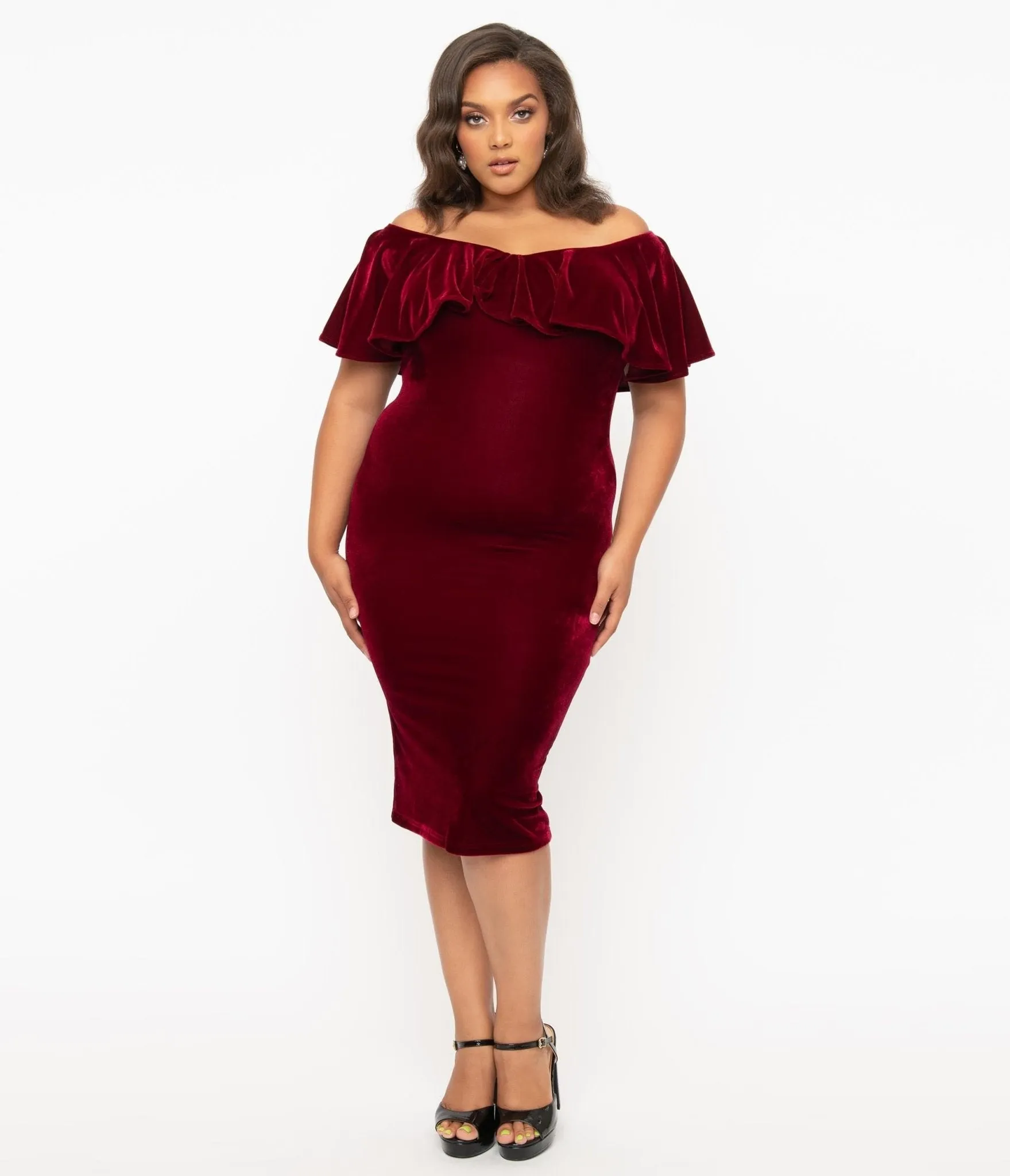 Unique Vintage Plus Size 1950s Burgundy Red Velvet Sophia Wiggle Dress