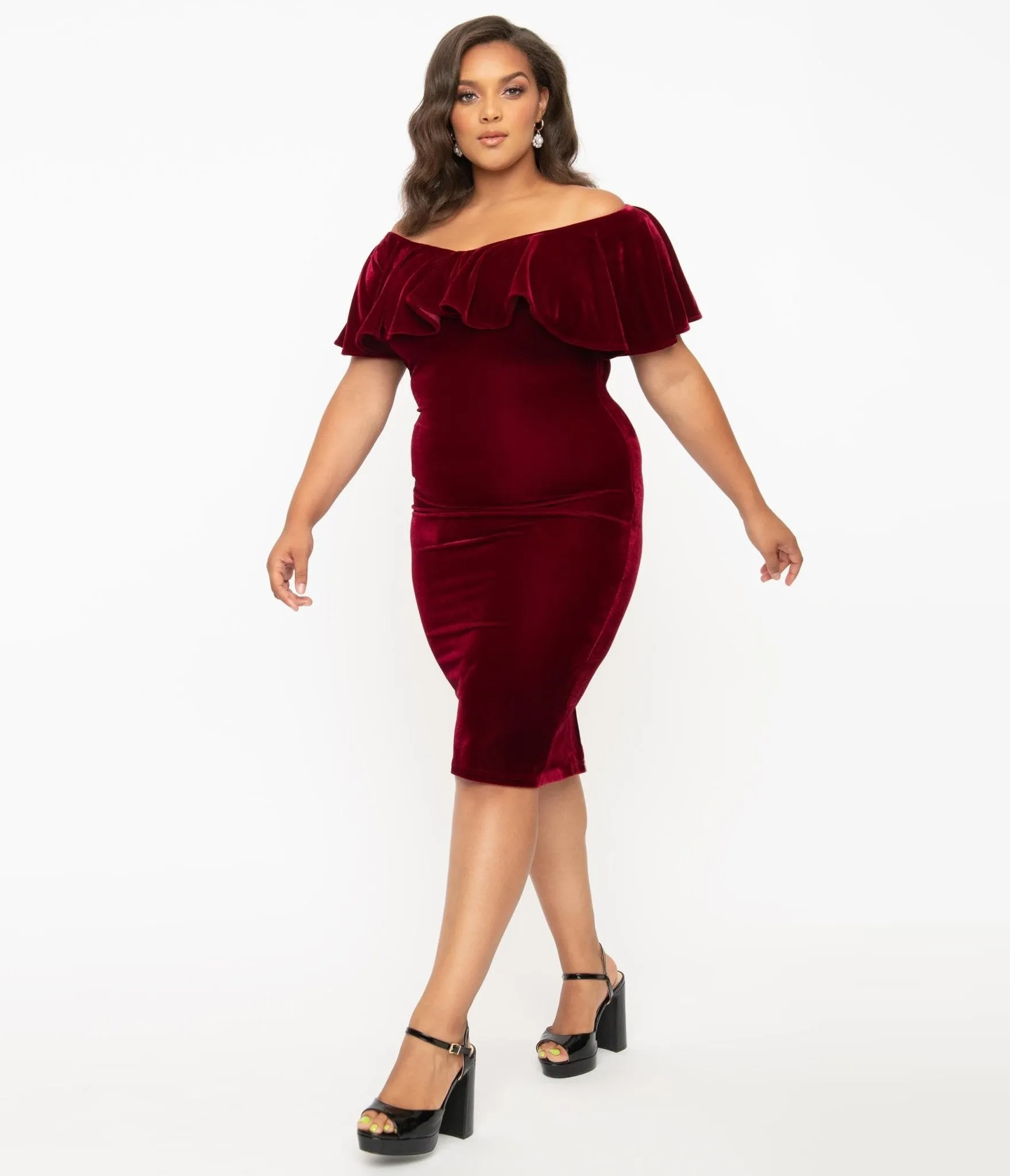 Unique Vintage Plus Size 1950s Burgundy Red Velvet Sophia Wiggle Dress