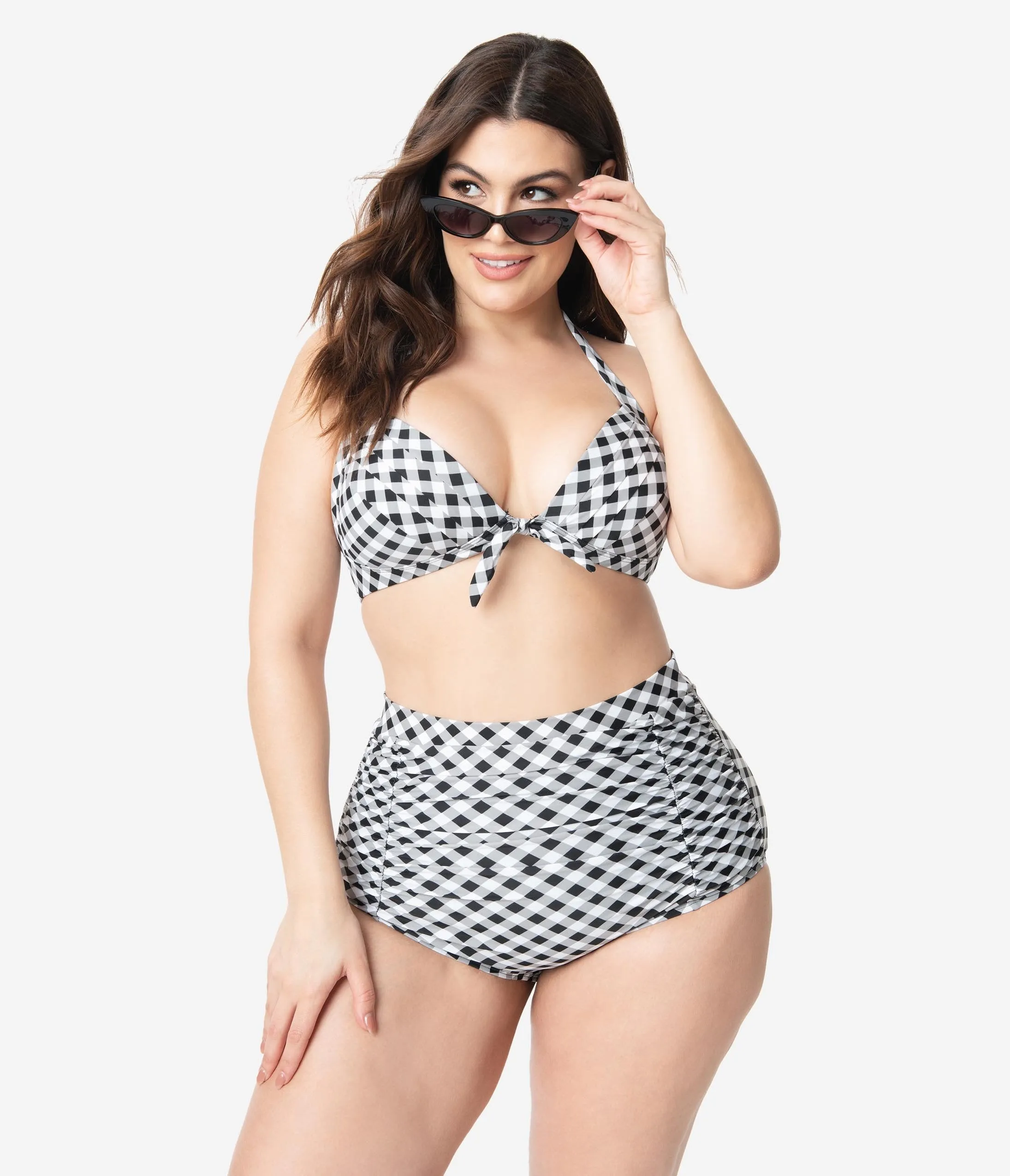 Unique Vintage Plus Size Black & White Gingham Monroe Halter Swim Top