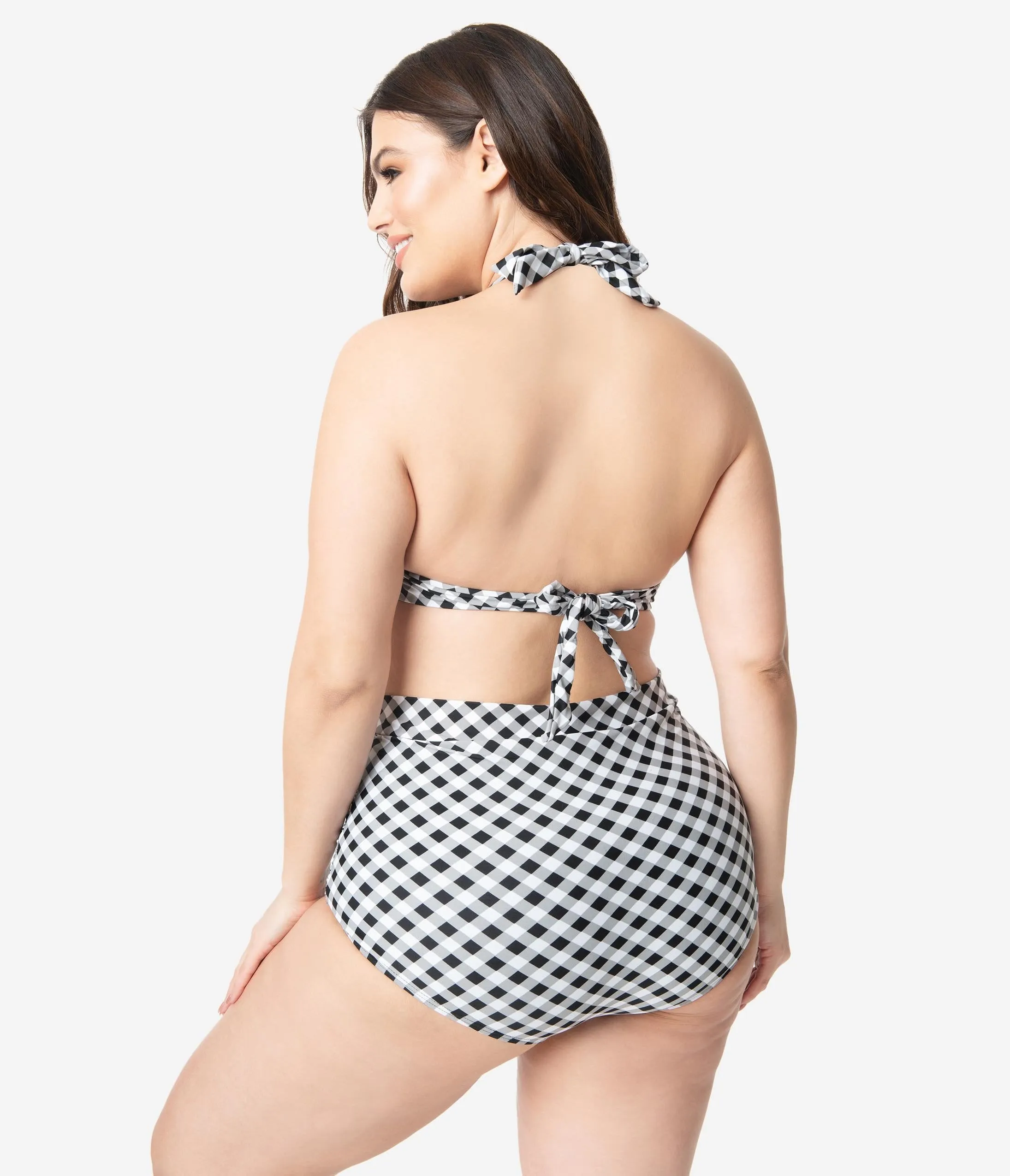 Unique Vintage Plus Size Black & White Gingham Monroe Halter Swim Top