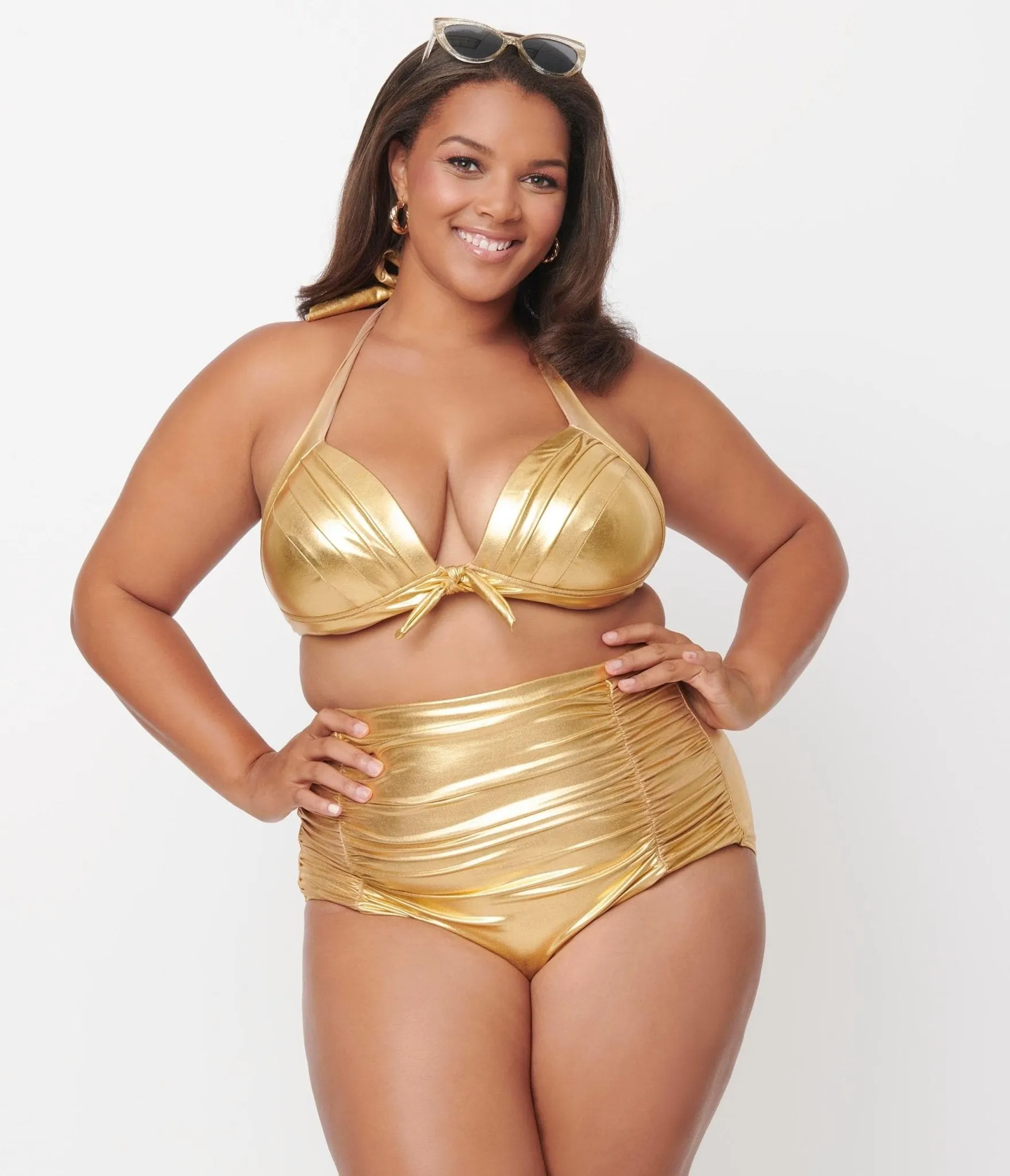 Unique Vintage Plus Size Gold Monroe Halter Swim Top