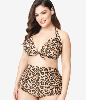 Unique Vintage Plus Size Leopard Print Monroe Halter Swim Top