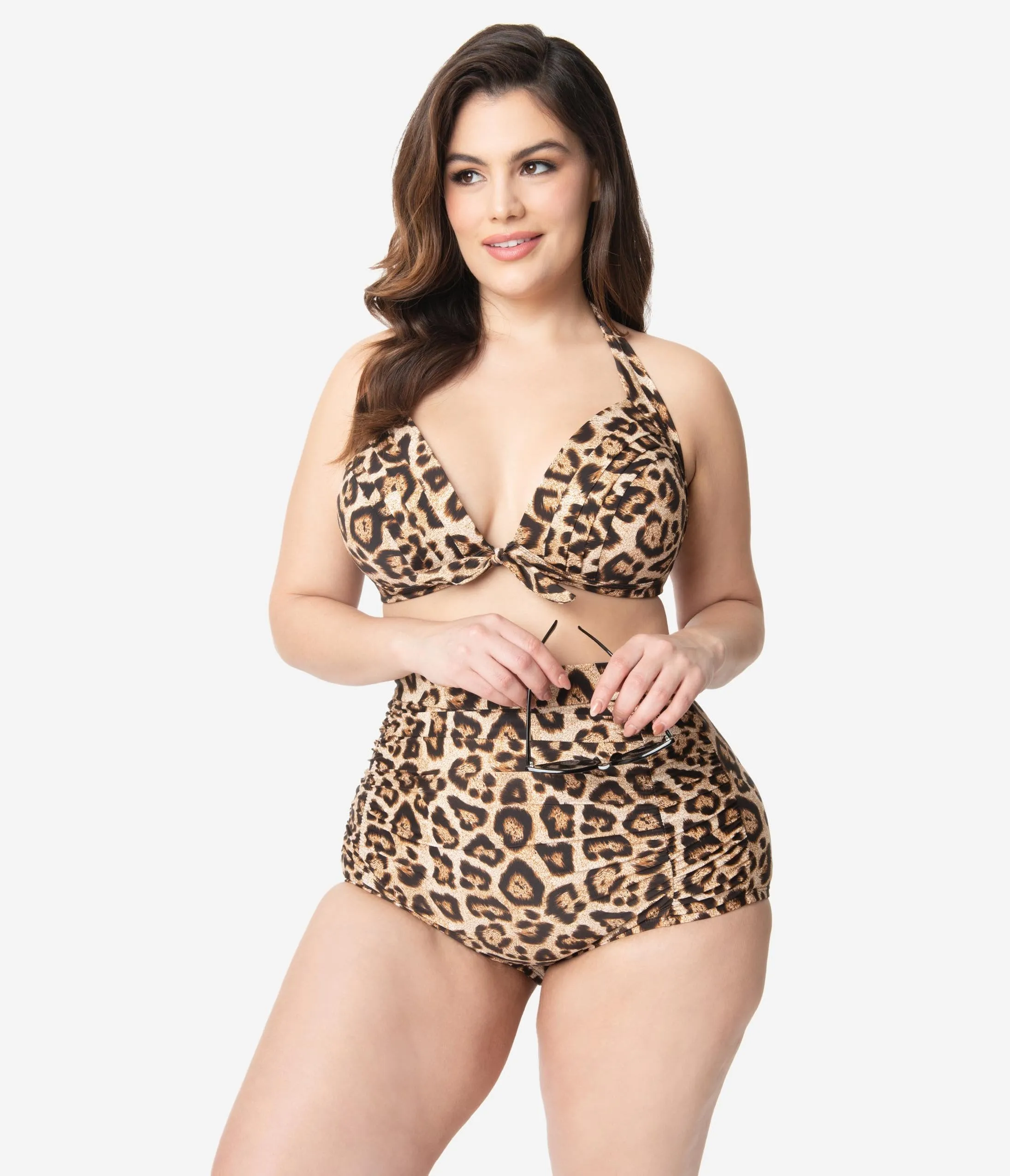 Unique Vintage Plus Size Leopard Print Monroe Halter Swim Top