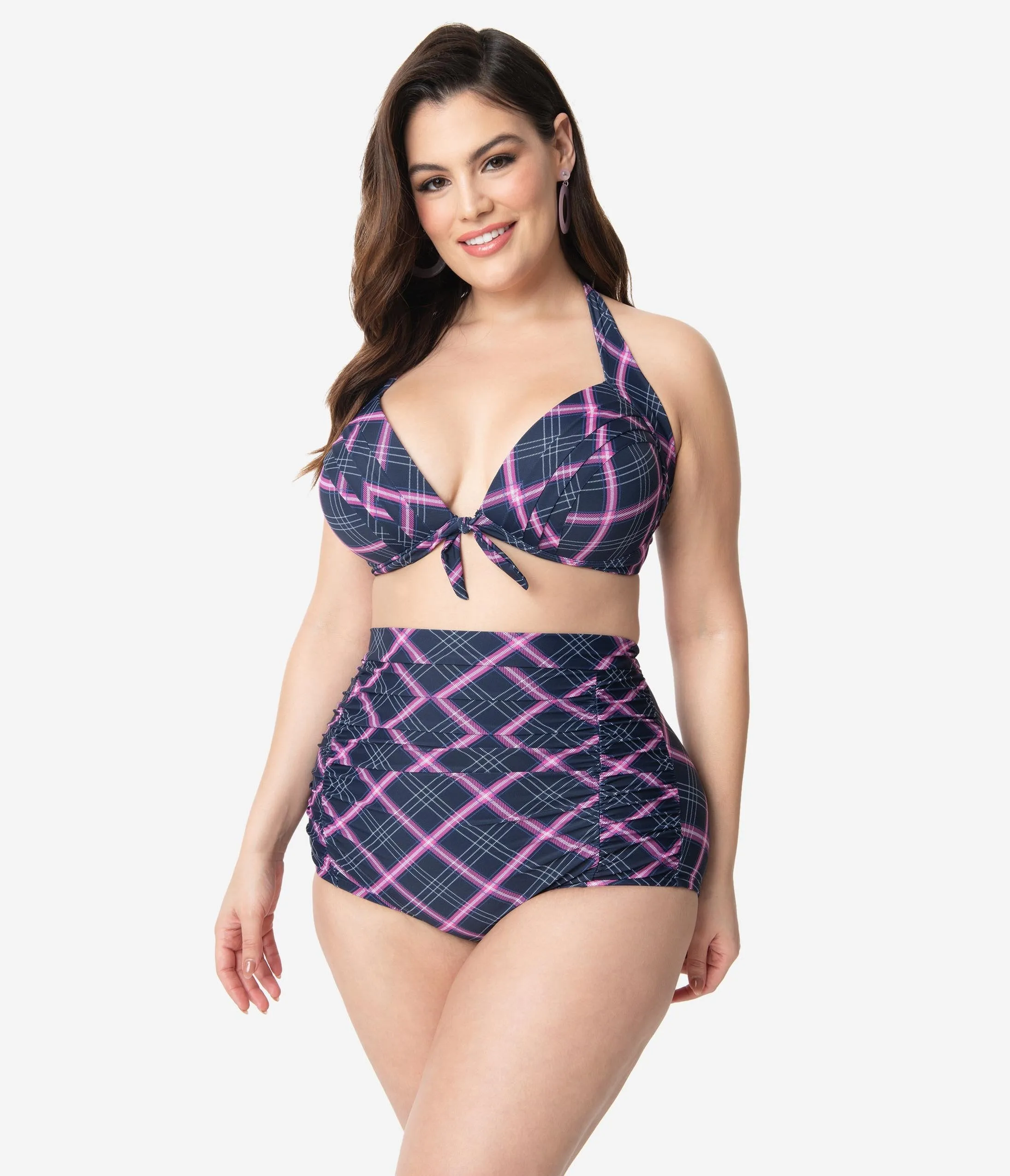 Unique Vintage Plus Size Navy & Pink Plaid Print Monroe Halter Swim Top