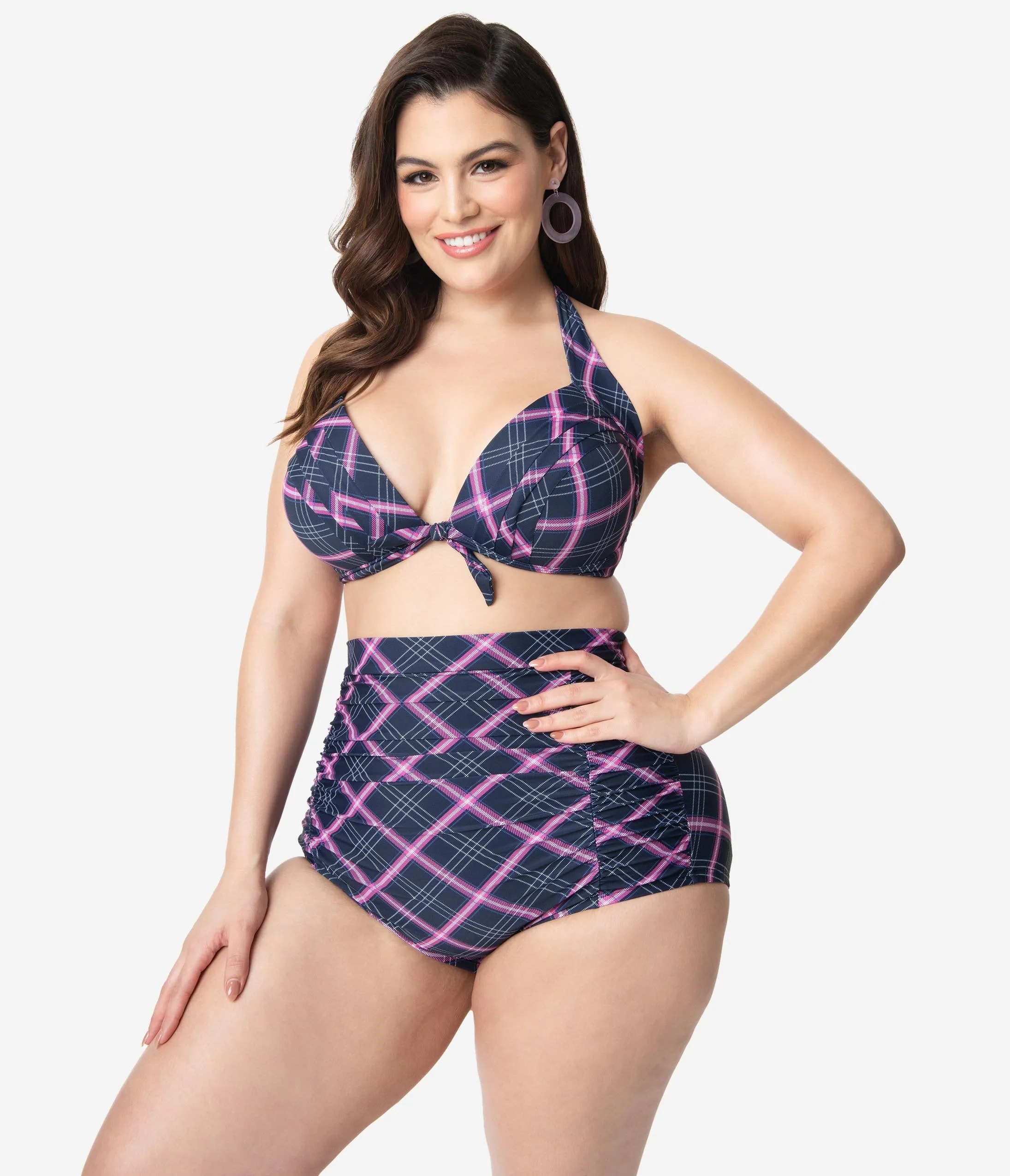 Unique Vintage Plus Size Navy & Pink Plaid Print Monroe Halter Swim Top