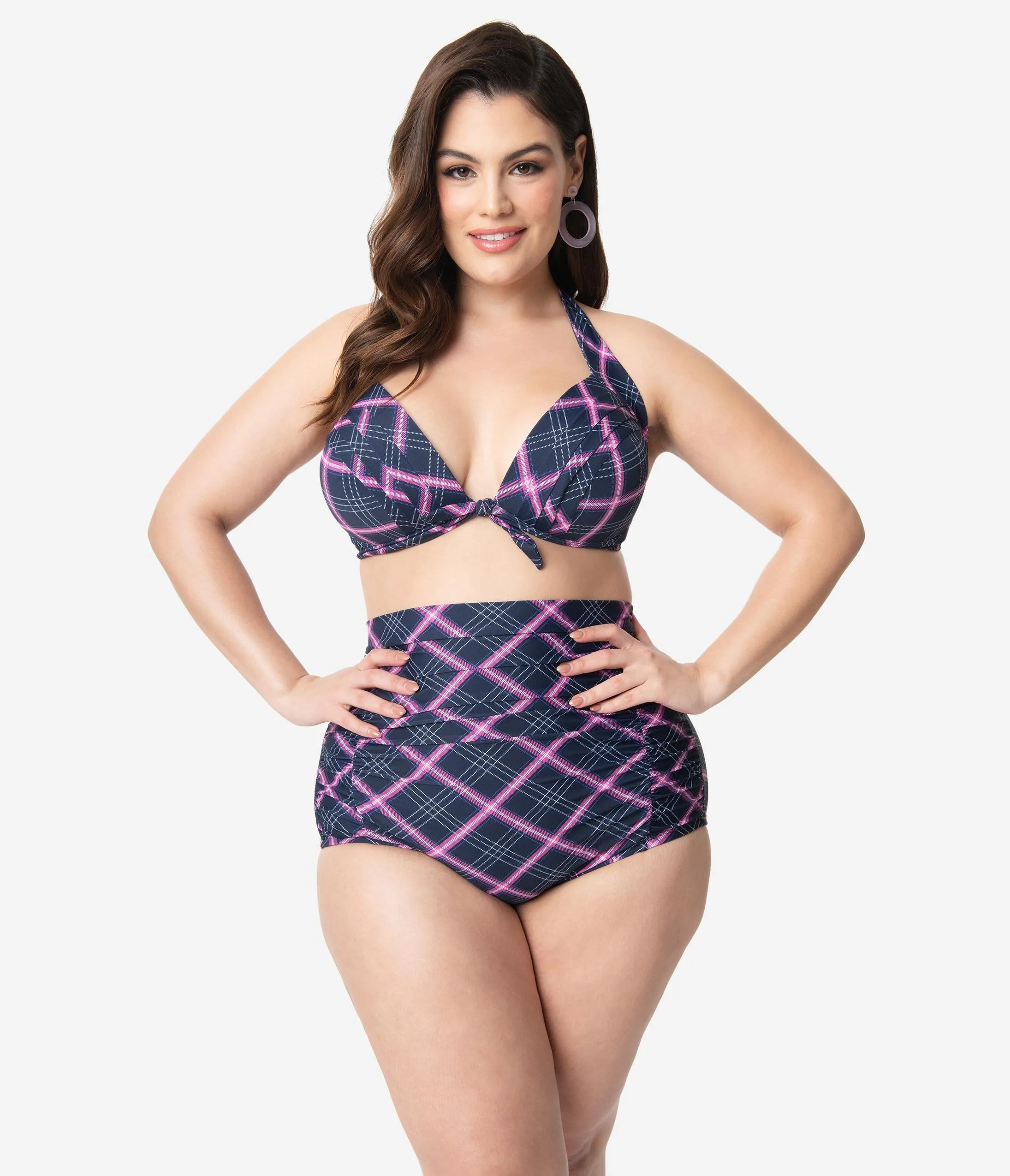 Unique Vintage Plus Size Navy & Pink Plaid Print Monroe Halter Swim Top