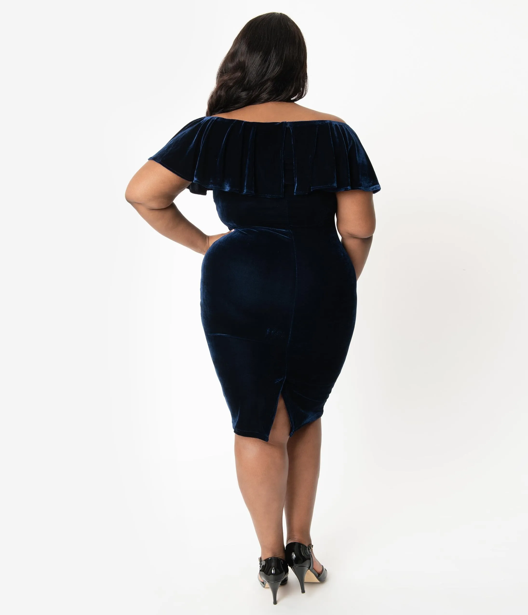 Unique Vintage Plus Size Navy Blue Velvet Off Shoulder Sophia Wiggle Dress