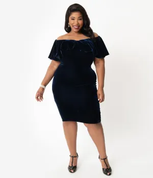 Unique Vintage Plus Size Navy Blue Velvet Off Shoulder Sophia Wiggle Dress