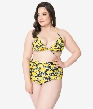 Unique Vintage Plus Size Yellow Poppy Print Monroe Halter Swim Top