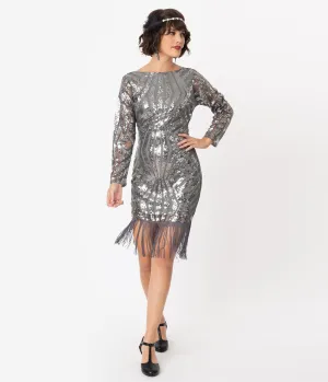 Unique Vintage Silver Pewter Sequin Sleeved Jocelyne Flapper Dress