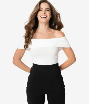 Unique Vintage White Ribbed Knit Off The Shoulder Imogen Top