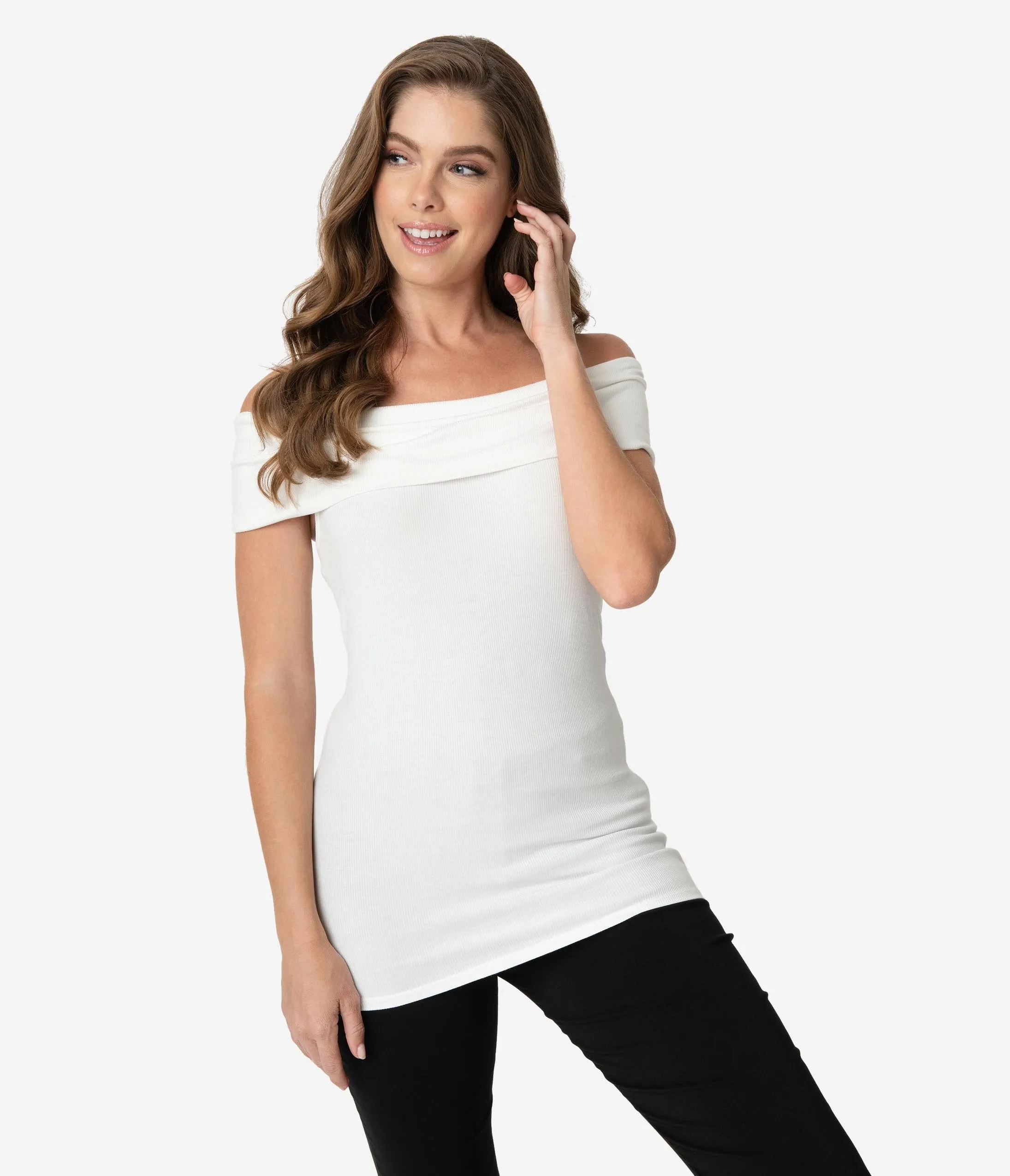 Unique Vintage White Ribbed Knit Off The Shoulder Imogen Top