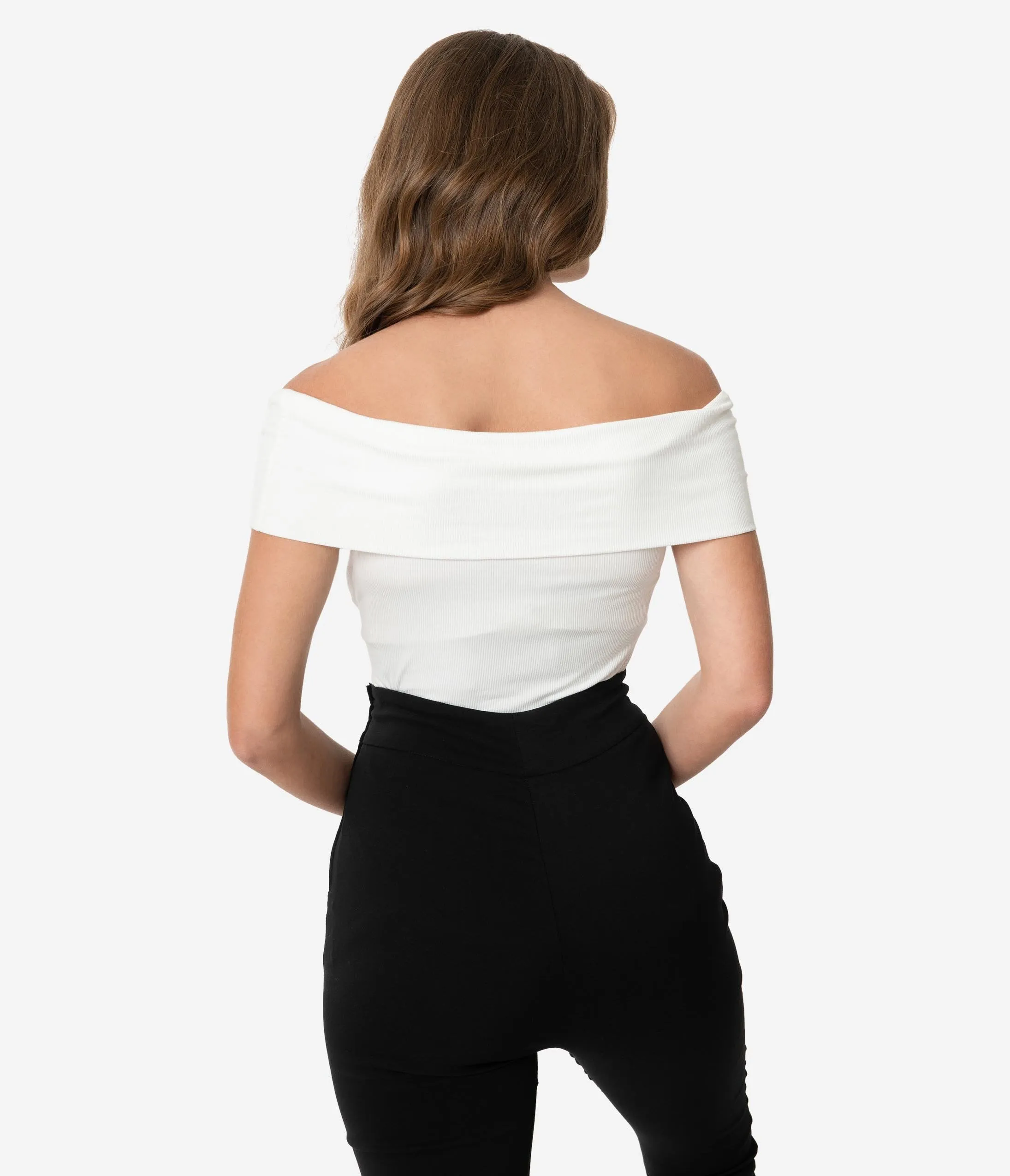 Unique Vintage White Ribbed Knit Off The Shoulder Imogen Top