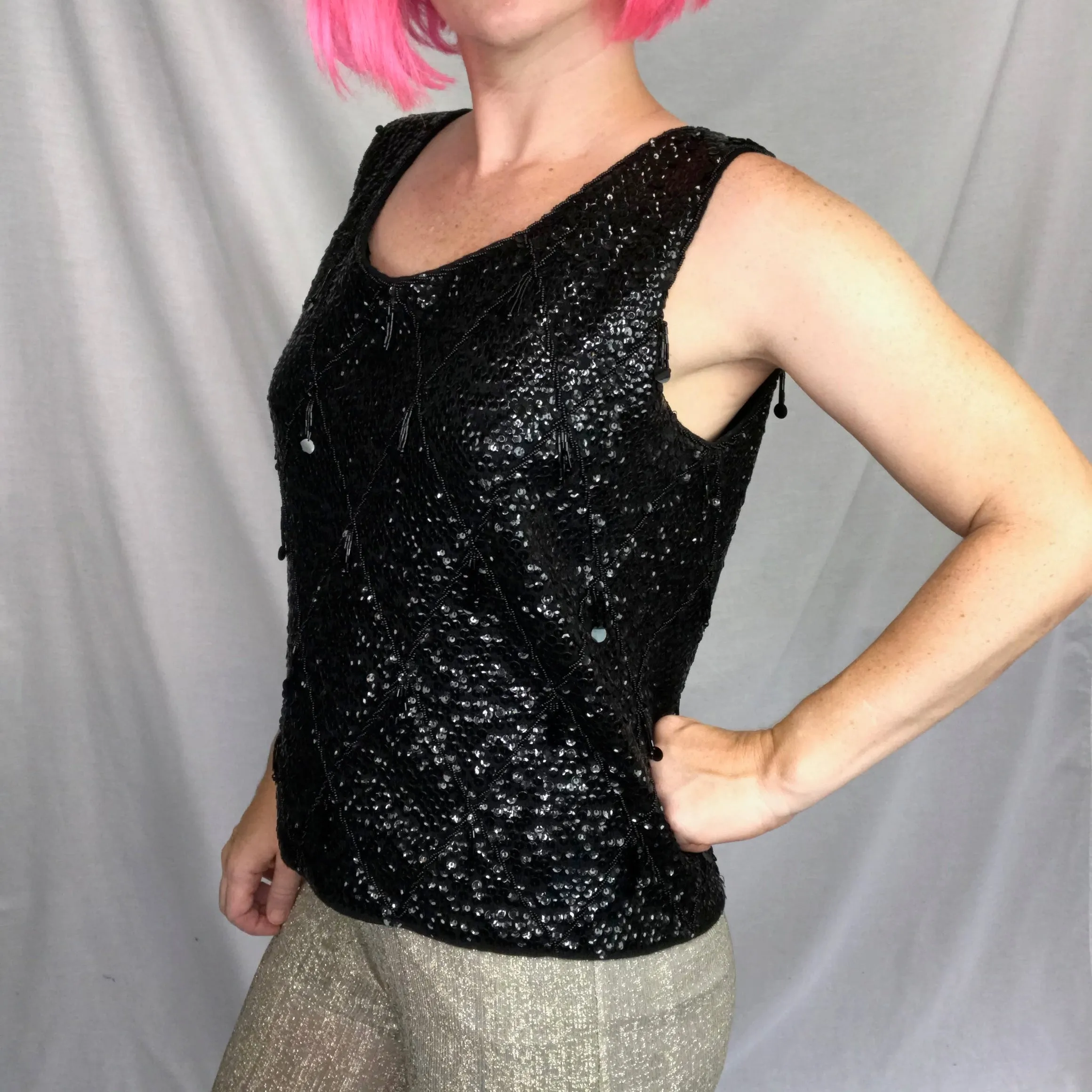 Vintage 50s 60s | Heavily Beaded Sequin Flapper Blouse Wool Black Top | L