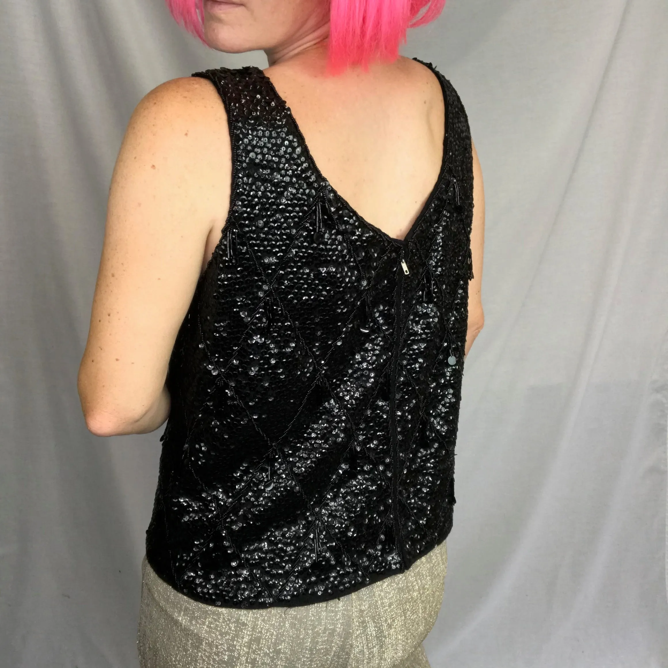 Vintage 50s 60s | Heavily Beaded Sequin Flapper Blouse Wool Black Top | L