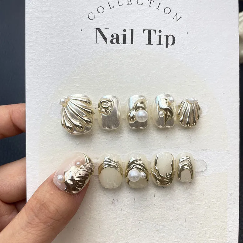 Vintage Gilt Metal Shell Nail Art - Handmade Pearl Inlaid Detachable Patches