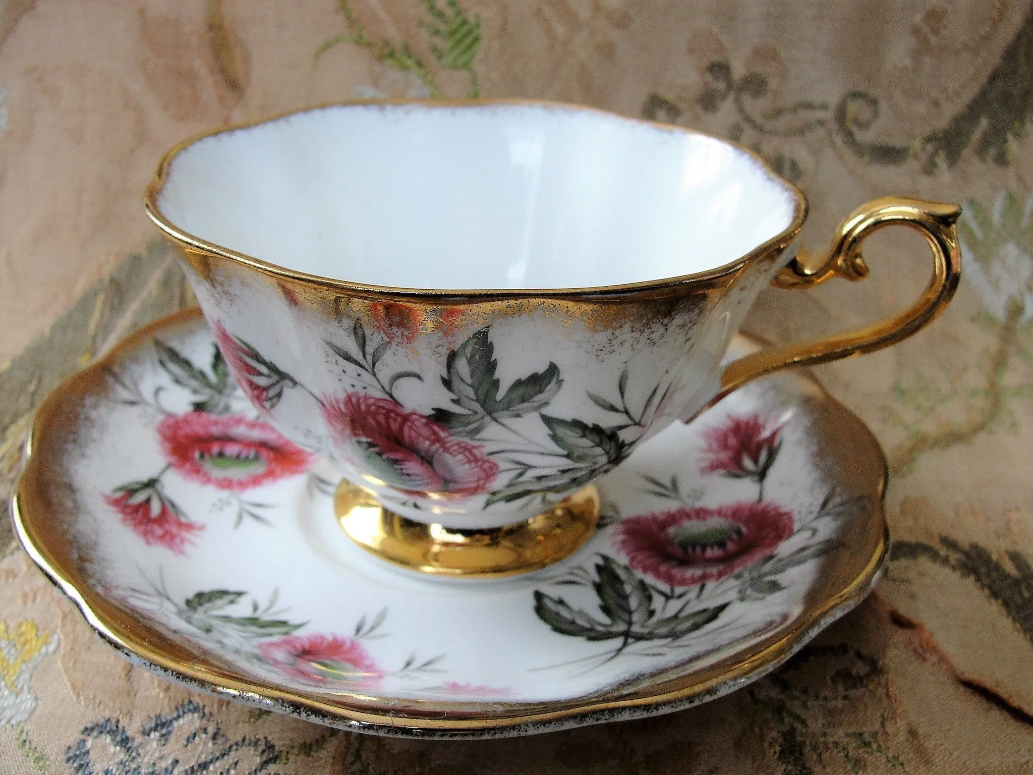 VINTAGE Royal ALBERT English Bone China Sumptuous Wide Teacup and Saucer Lush PINK Flowers Pattern Lavish Gold Trim Pedestal Cup and Saucer