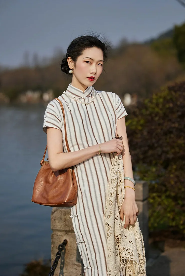 Whisper of the Heart 细語呢喃 1930s Summer Stripes Cotton Short Sleeve Qipao