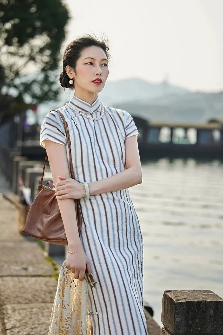 Whisper of the Heart 细語呢喃 1930s Summer Stripes Cotton Short Sleeve Qipao