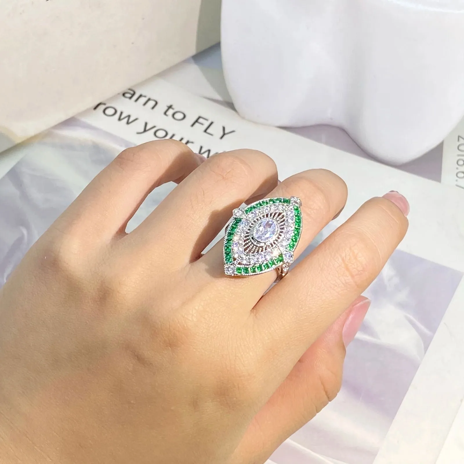 White & Green Eye Shape Princess Cut Zirconia Ring