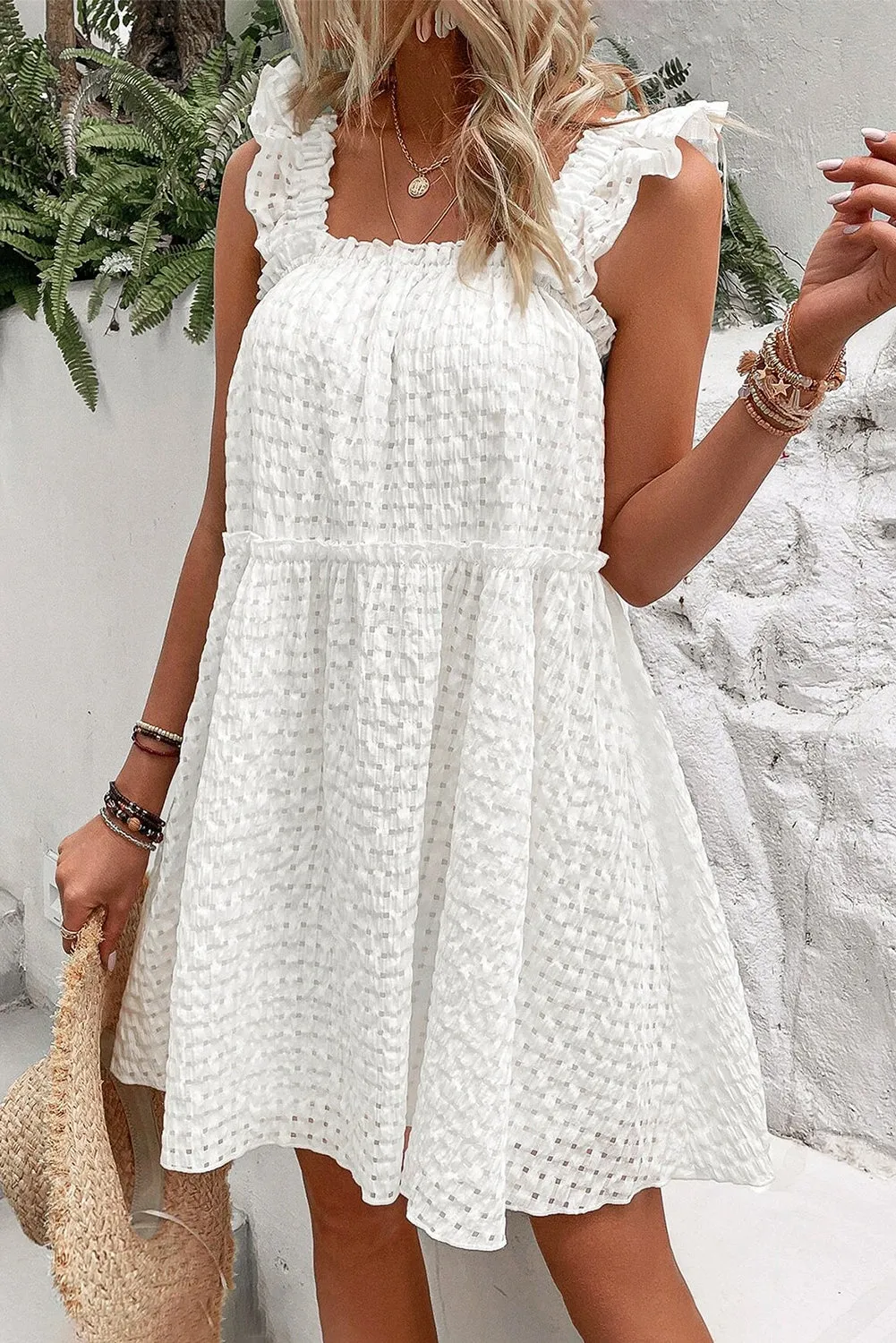 White Ruffle Straps Frill Trim Textured Vacation Dress