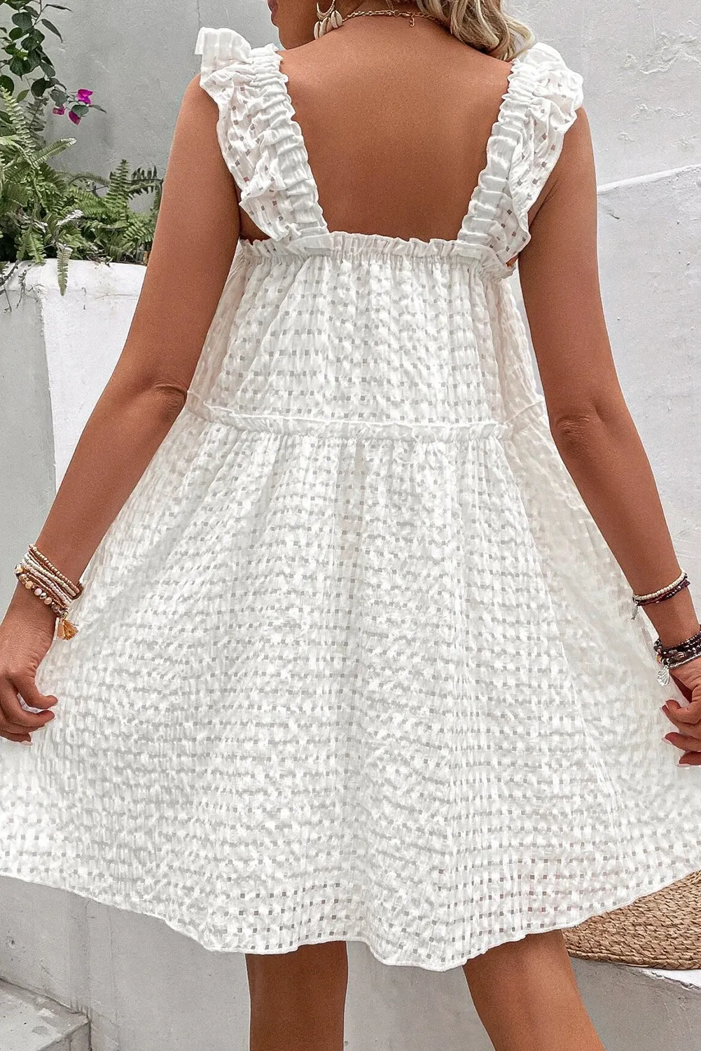 White Ruffle Straps Frill Trim Textured Vacation Dress