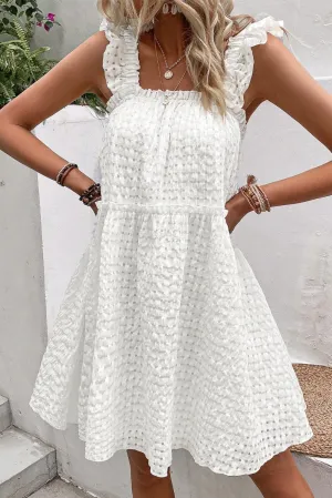 White Ruffle Straps Frill Trim Textured Vacation Dress