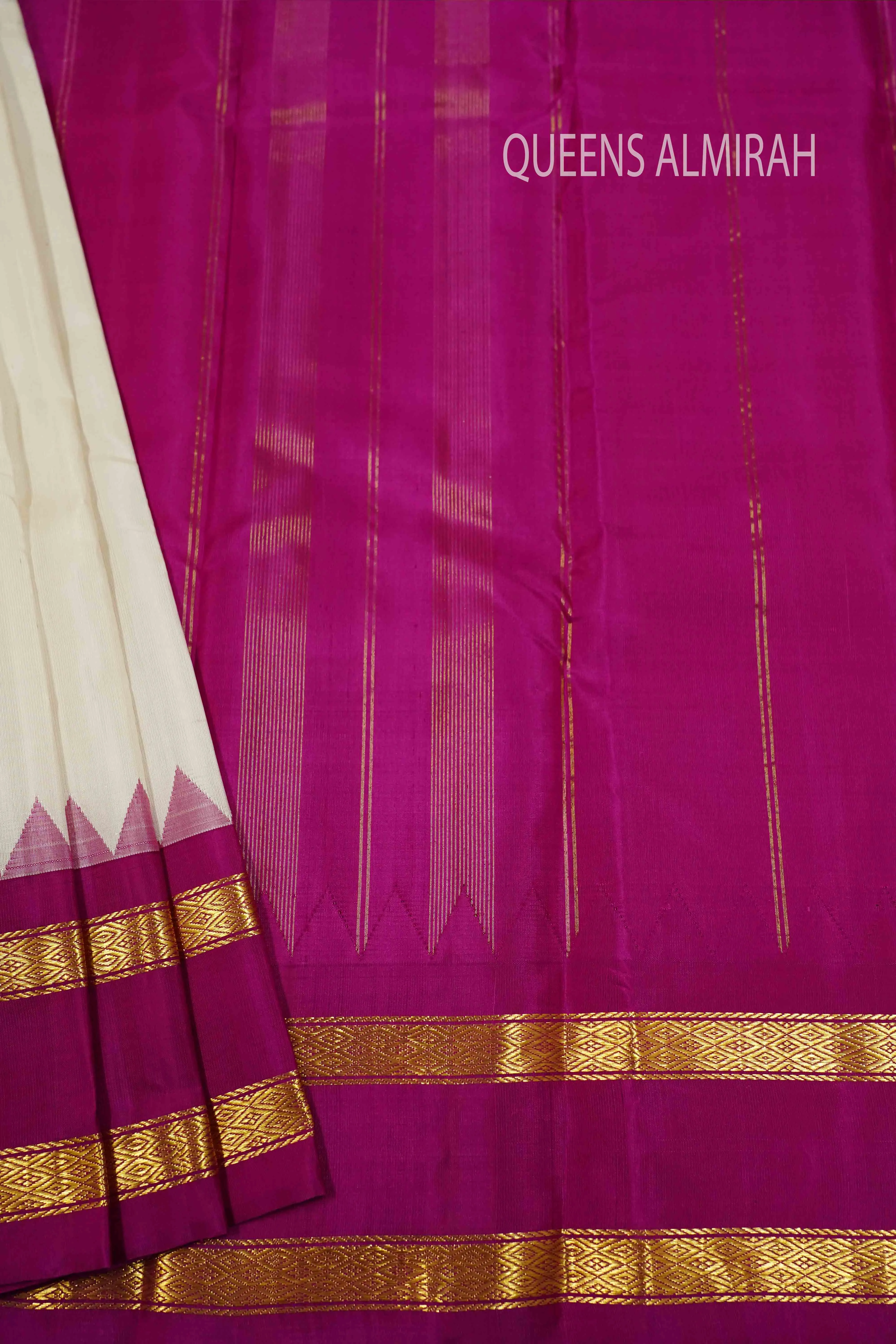 WHITE WITH LEAF GREEN AND RASBERRY PINK PURE KANCHIVARAM SILK SAREE