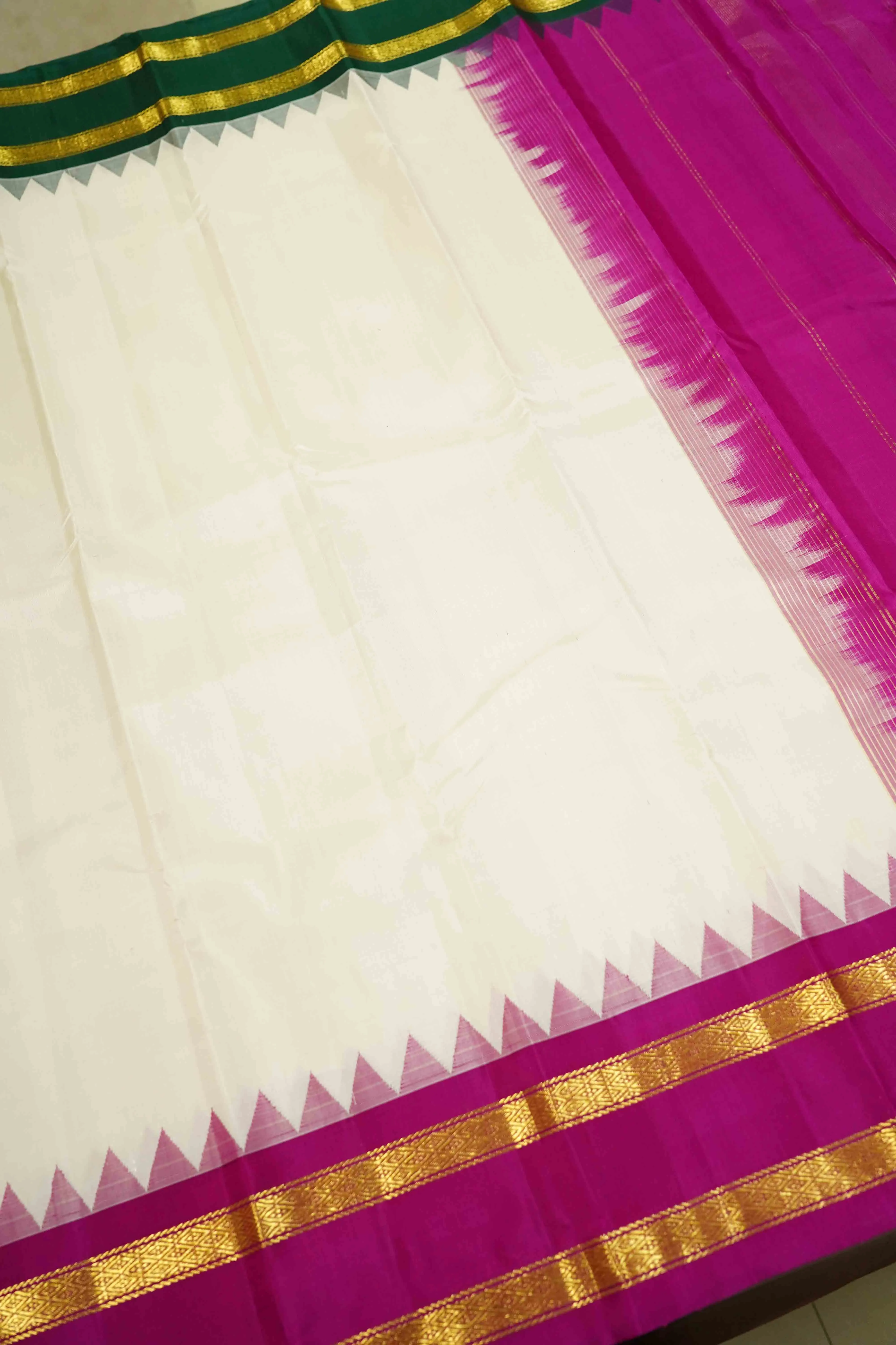 WHITE WITH LEAF GREEN AND RASBERRY PINK PURE KANCHIVARAM SILK SAREE