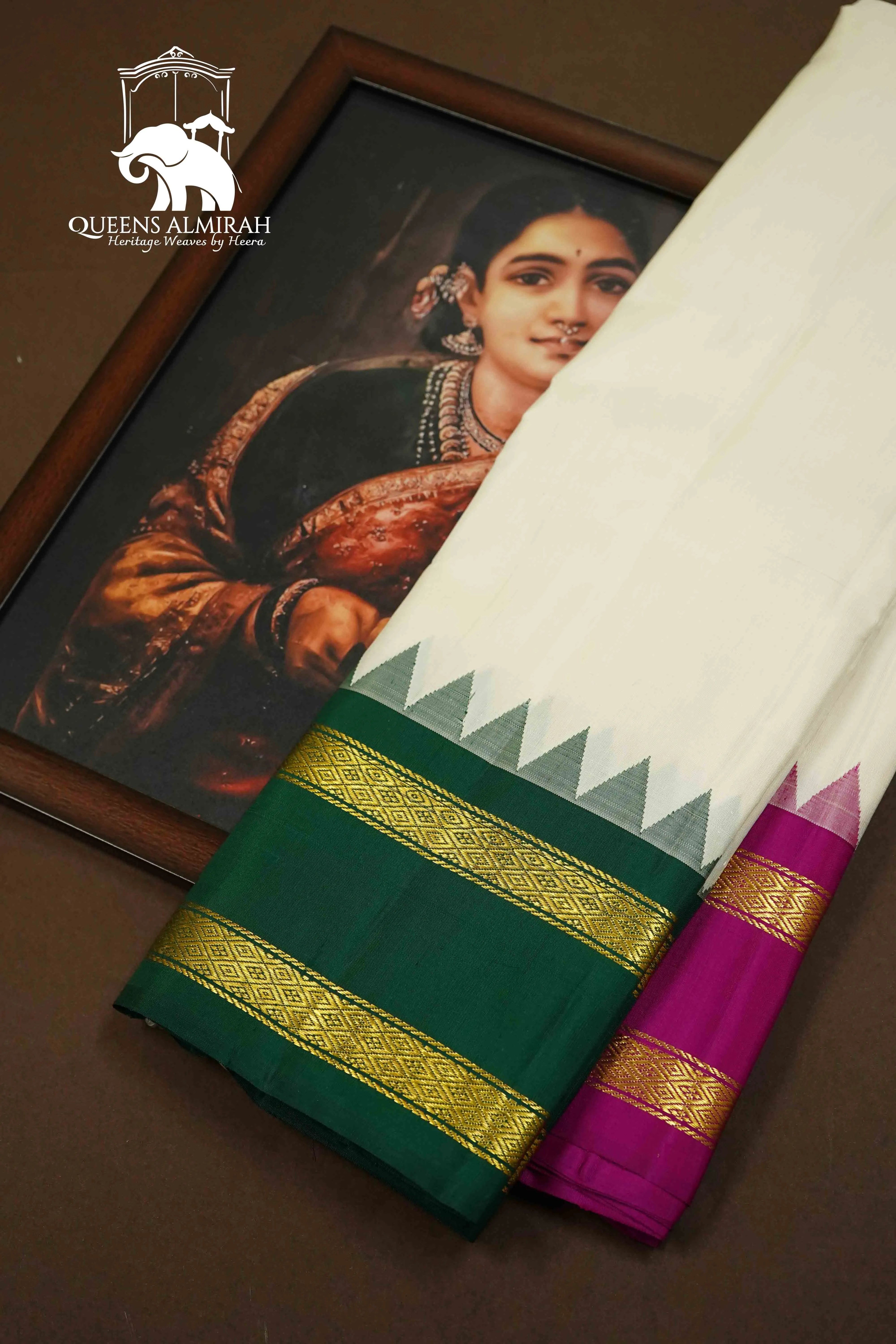 WHITE WITH LEAF GREEN AND RASBERRY PINK PURE KANCHIVARAM SILK SAREE