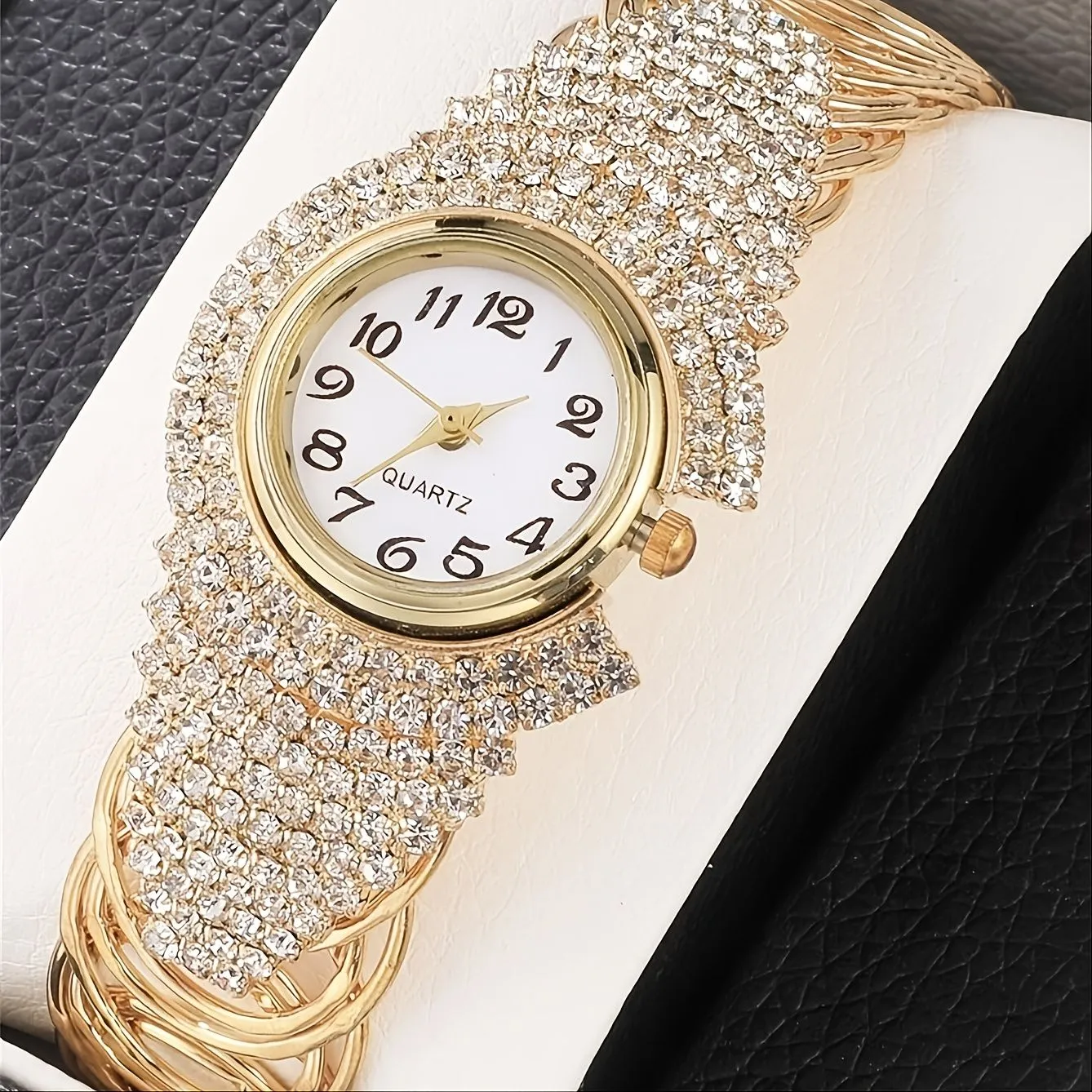 Women Girls Elegant Crystal Bangle Bracelet Round Dial Analog Quartz