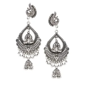 Yellow Chimes German Silver Oxidized Mirror Work Afghani Stylish Ghunghru Traditional Jhumki Earrings for Women & Girls