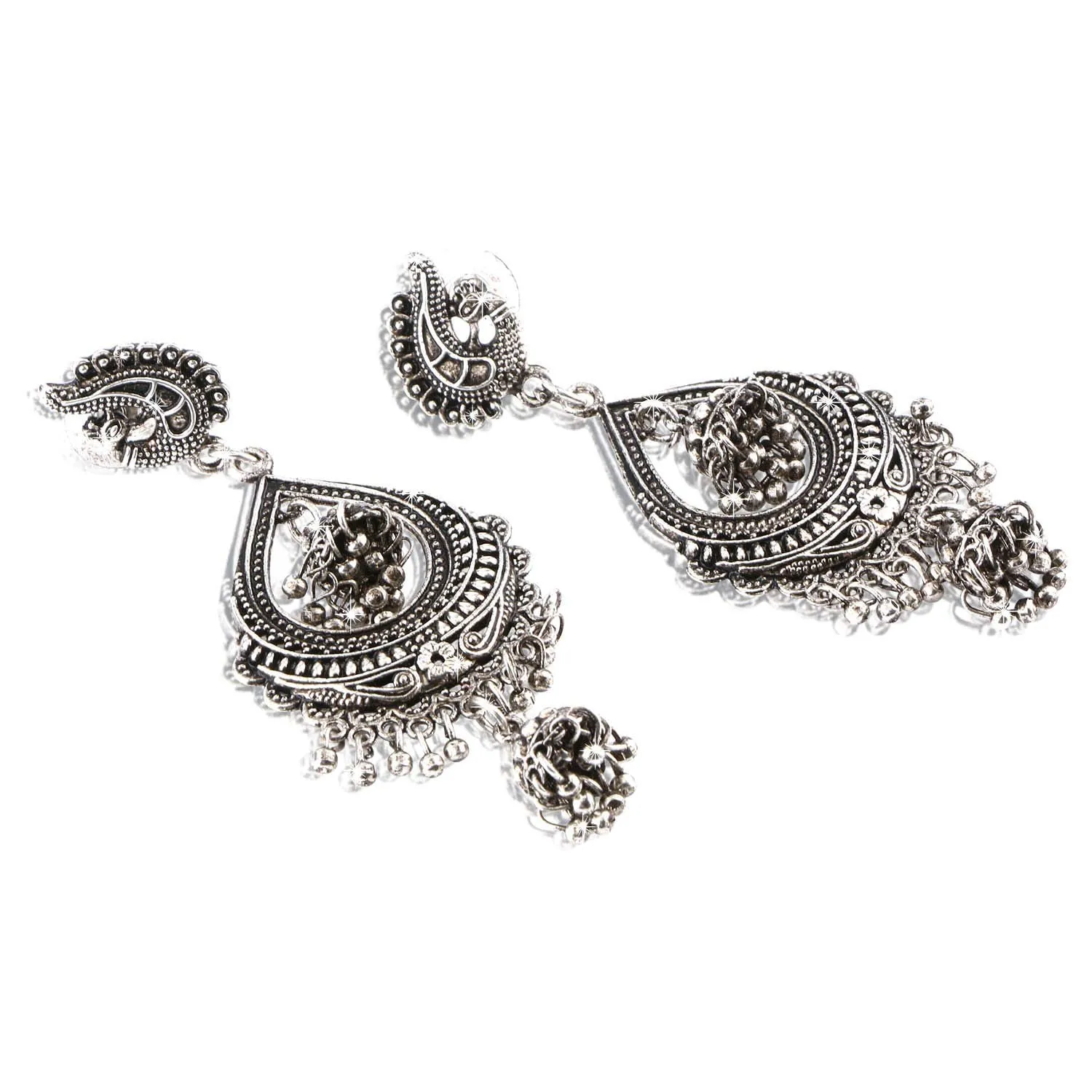 Yellow Chimes German Silver Oxidized Mirror Work Afghani Stylish Ghunghru Traditional Jhumki Earrings for Women & Girls