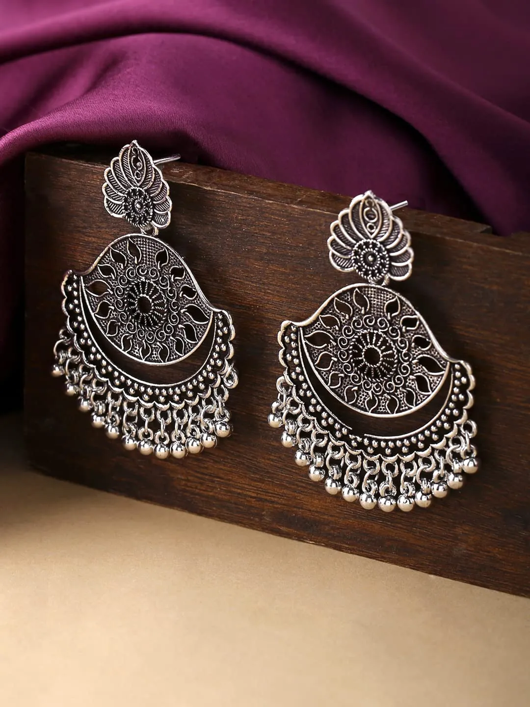 Yellow Chimes Oxidised Earrings for Women Silver Oxidised Plated Black Stone-Studded Traditional Chandabali Earrings For Women and Girls