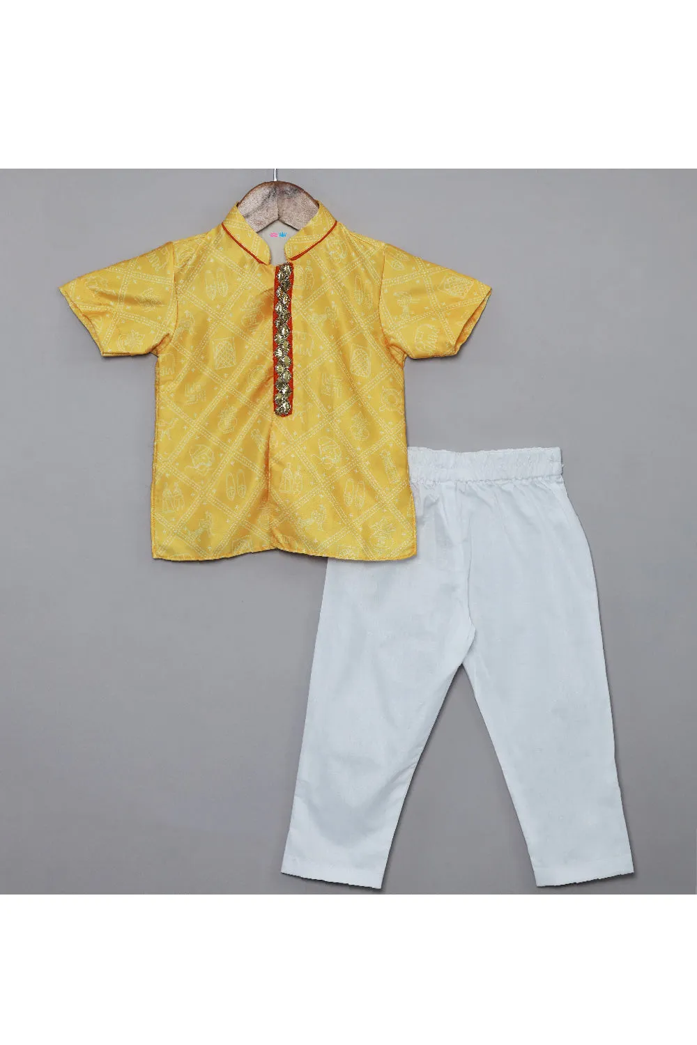 Yellow Patola Printed Satin Kurta With Pyjama Set